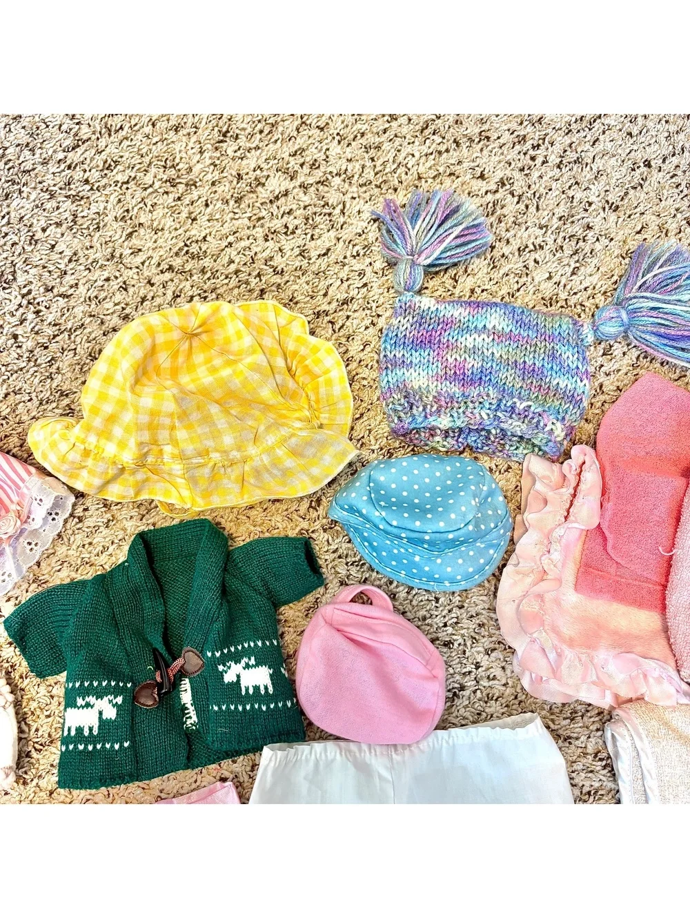 Vintage Doll Clothes & Accessories Lot – Mixed Outfits, Hats, Sweaters, Blankets